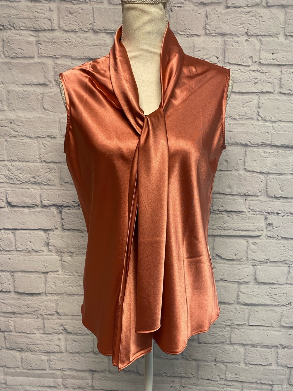 Anne Klein Satin Tie-Neck Sleeveless Blouse in Copper Size Medium